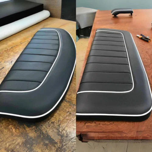 Triumph TR3 Bench Seat – Re-trim in navy vinyl with white piping